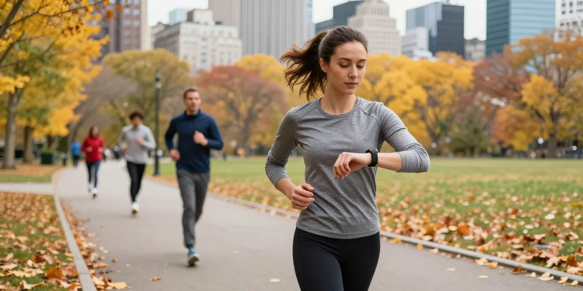 Wanita muda menggunakan https://www.polarfitbitshop.com/fitbit-luxe/ saat jogging di taman kota yang cerah dengan daun jatuh berwarna-warni.