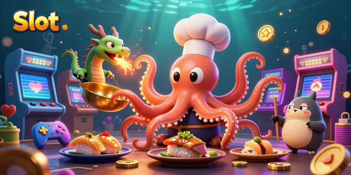 Spin the slot reels with engaging visuals featuring a sushi chef octopus, dragon, and tanuki.