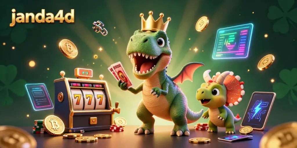 Permainan slot seru di janda4d dengan T-Rex, pterodactyl, dan triceratops stacking chip emas.