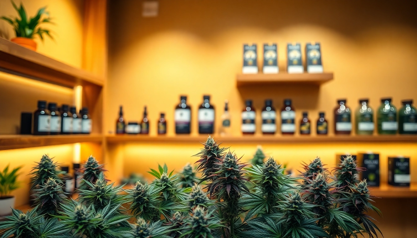 Showcase of vibrant cannabis strains at a pot shop online, inviting atmosphere and artisan display.