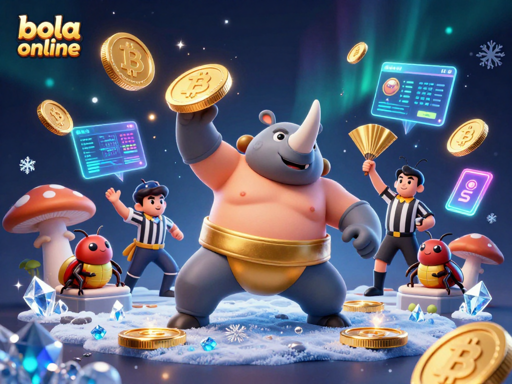 Bola online themed illustration featuring a rhinoceros beetle sumo champion and iconic cryptocurrency elements.