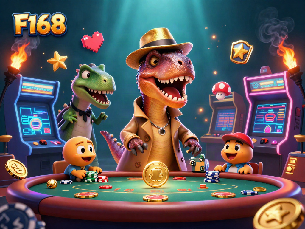 Experience the excitement of F168 with cartoon dinosaurs in a vibrant casino scene.
