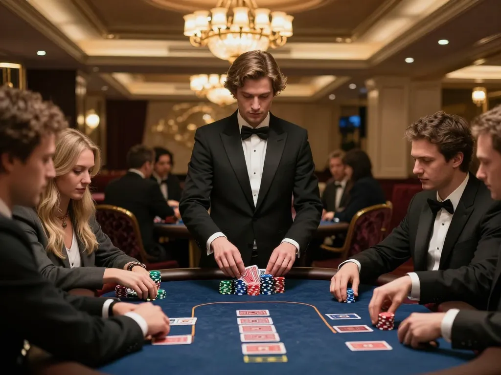 Experience 77WIN excitement at a VIP poker game with players in elegant attire.