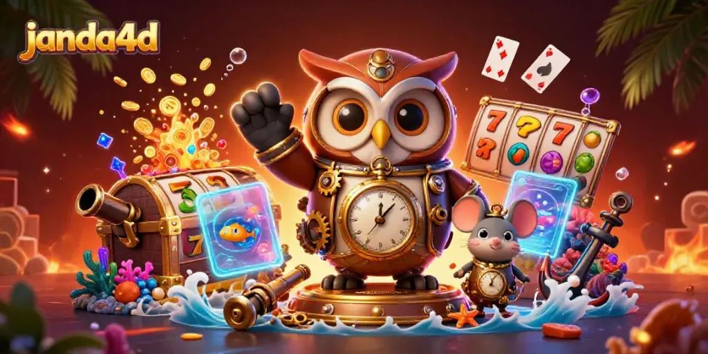 Janda4d menyajikan ilustrasi 3D penuh warna dengan karakter kasino dan elemen slot yang dinamis.