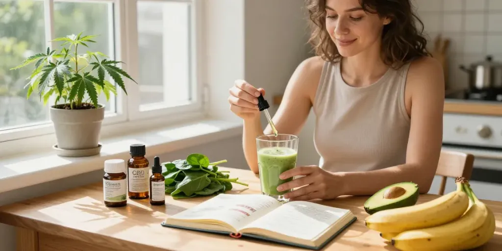 Canna City in Telegram: Preparing CBD oil smoothie for natural wellness with fresh ingredients and hemp plant.