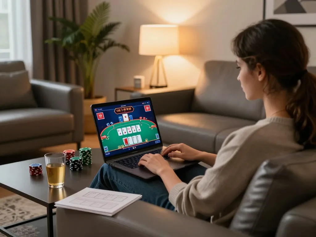 Engaging online gaming session on 77WIN in a cozy living room setup with poker gameplay on laptop.