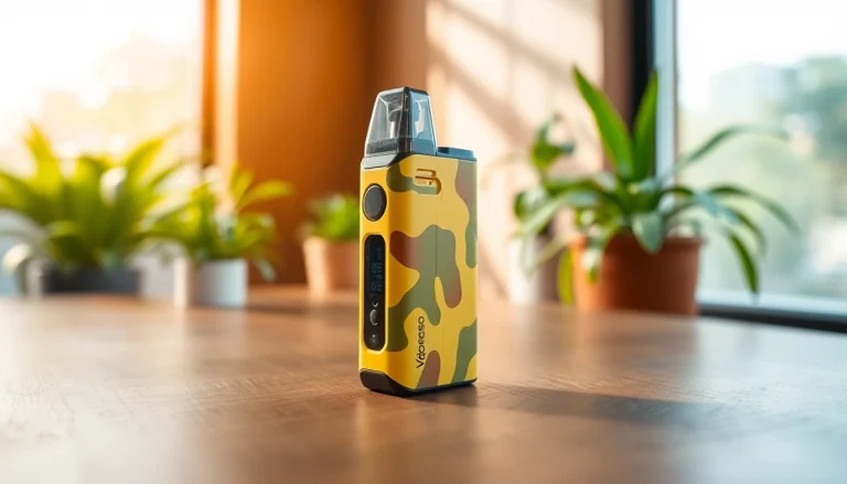 Showcasing Vaporesso XROS 4 Mini Camo Yellow on a wooden table amidst greenery for a relaxed vibe.