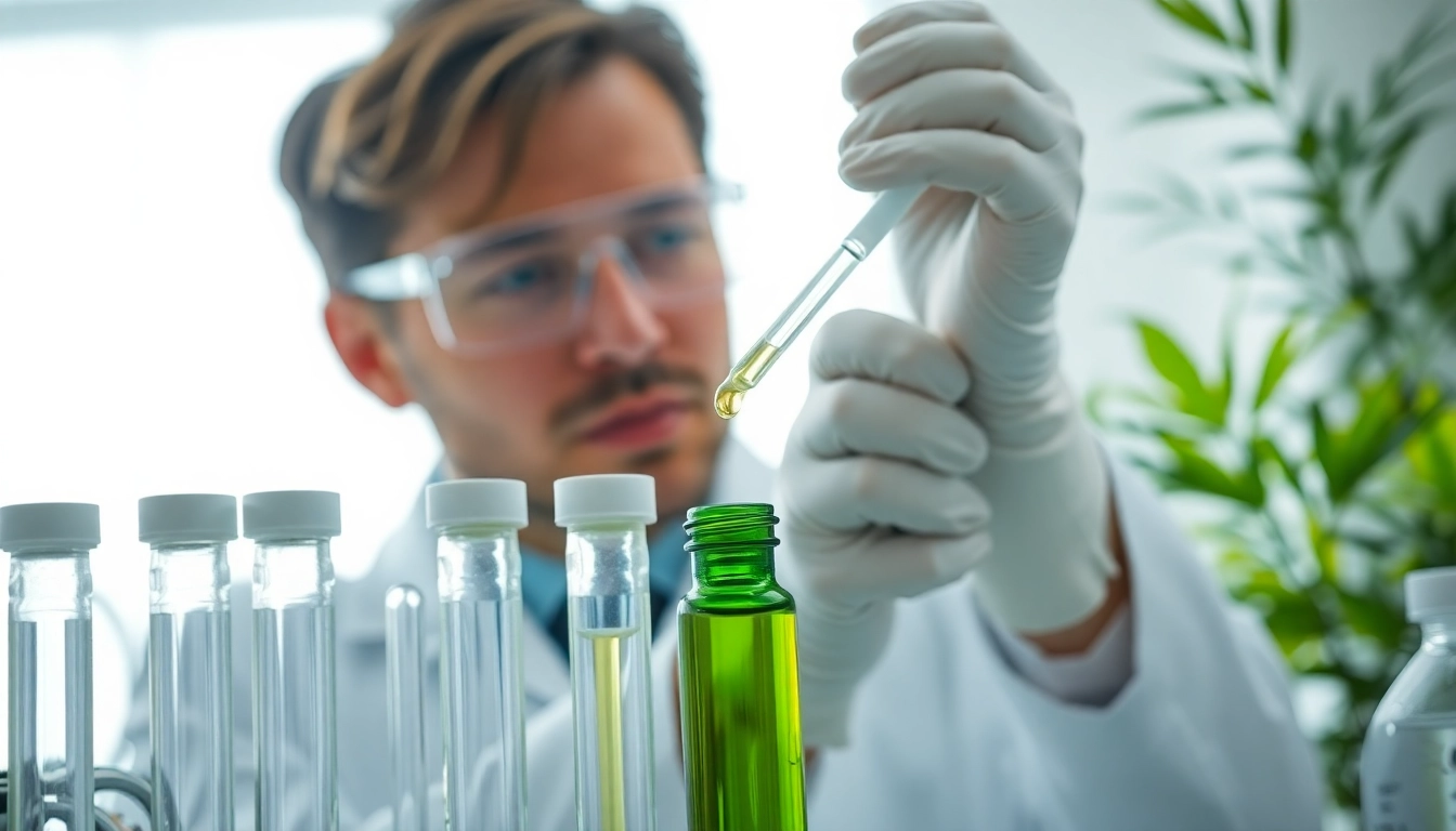 Analyze CBD oil in a professional lab setting with test tubes and natural light.