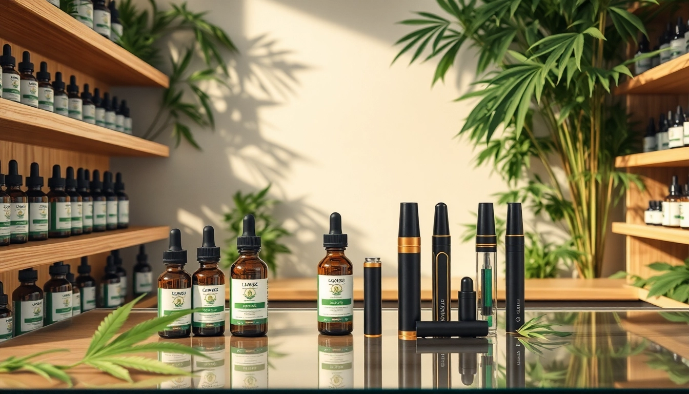 CBD-butik med premium oljebehållare, hampaplantor och vape-enheter i en naturlig välbefinnande-miljö.
