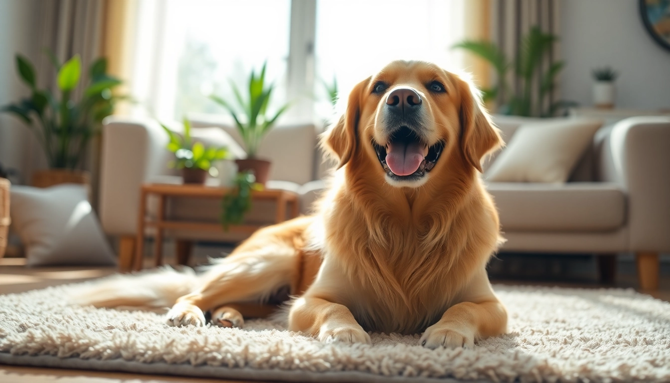 Caring owner giving CBD For Pet treats to a cheerful golden retriever indoors.