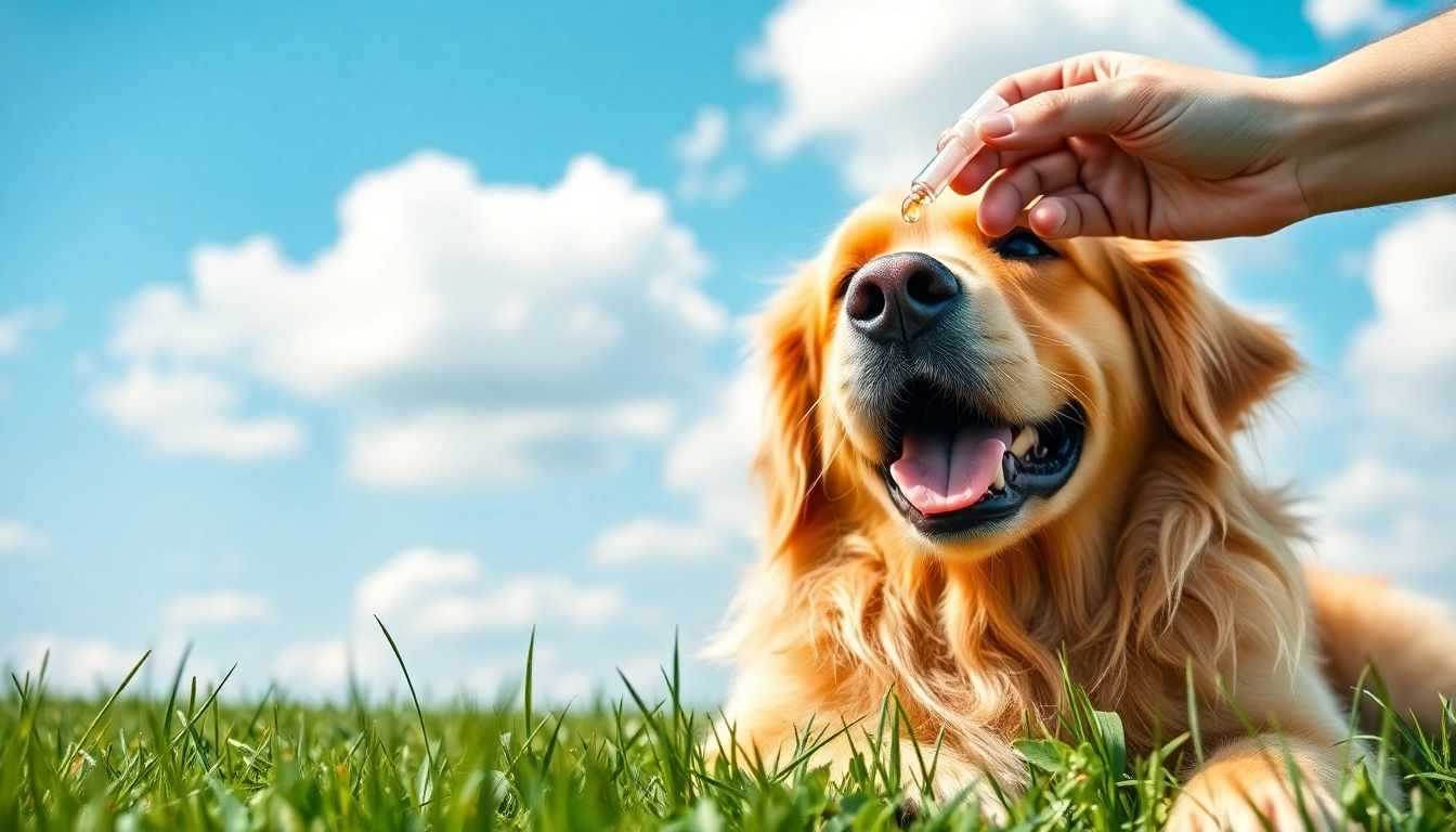Administering CBD Oil For Dog to a happy golden retriever in a sunny grassy field.