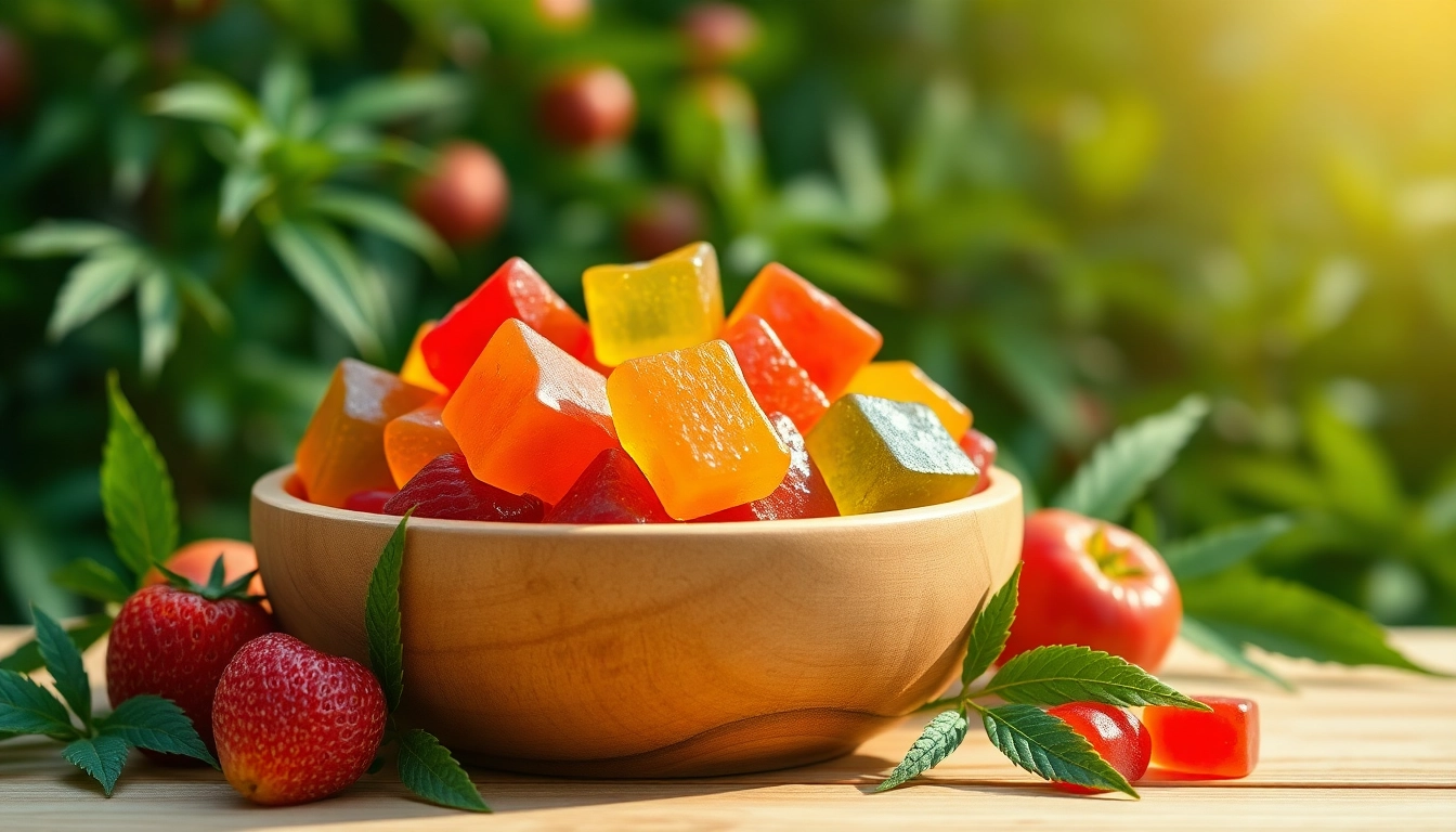 Delicious Weed Gummies displayed in a rustic bowl with fresh fruit accents.