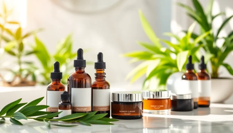 Apply CBD oil for skin using organic skincare products displayed elegantly on a marble surface.