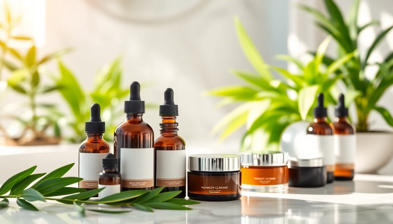 Apply CBD oil for skin using organic skincare products displayed elegantly on a marble surface.
