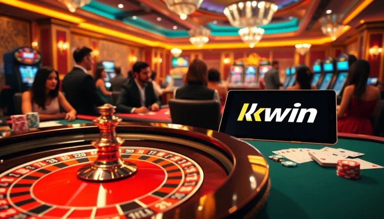 Experience the thrill of kkwin at a luxurious casino with vibrant tables and eager players.