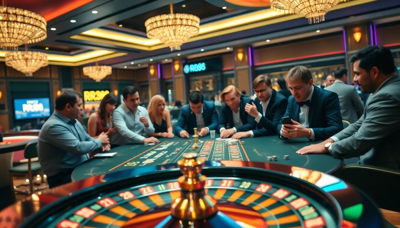 Players enjoying a thrilling game at the RR88 table with vibrant lighting and poker chips.