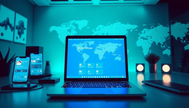 快连下载 app interface displayed on a laptop in a modern workspace, symbolizing global connectivity.