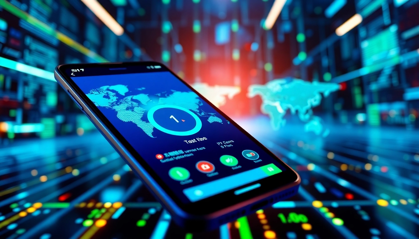 快连下载 app on a smartphone showcasing fast internet connection features in a high-tech environment.