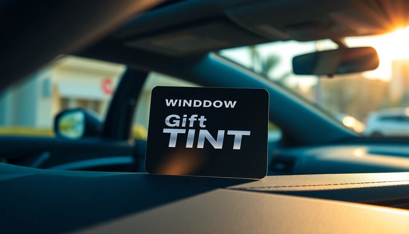 Promote a window tint gift card displayed in an elegant car interior setting, highlighting automotive care.