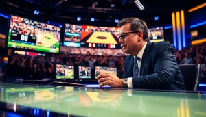 Engaging sports broadcasting scene highlighting dynamic anchor discussing live games.