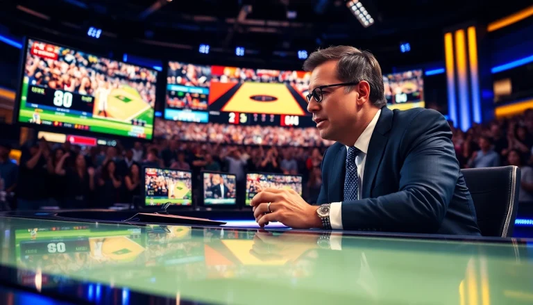 Engaging sports broadcasting scene highlighting dynamic anchor discussing live games.