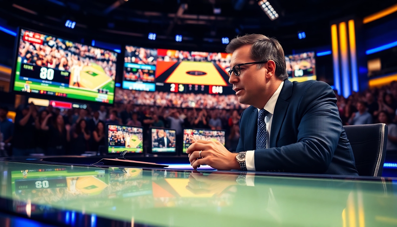 Engaging sports broadcasting scene highlighting dynamic anchor discussing live games.