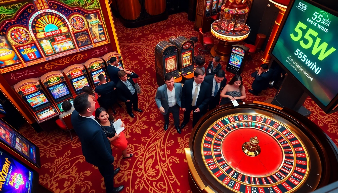 Players enjoying gambling at the casino with 555win slot machines in the background.