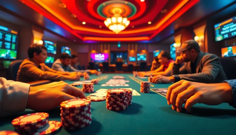 Naga99 poker players strategizing at a vibrant casino table with colorful chips.