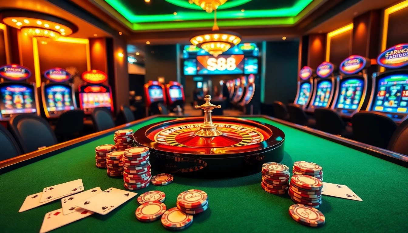 Engage with S88 strategies at a luxurious casino gaming table filled with poker chips and cards.
