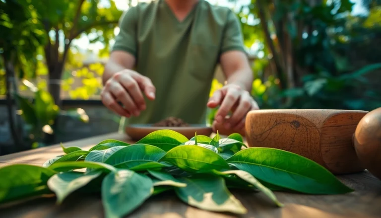Kratom in Austin showcased in a serene backyard setting with fresh, leafy details.