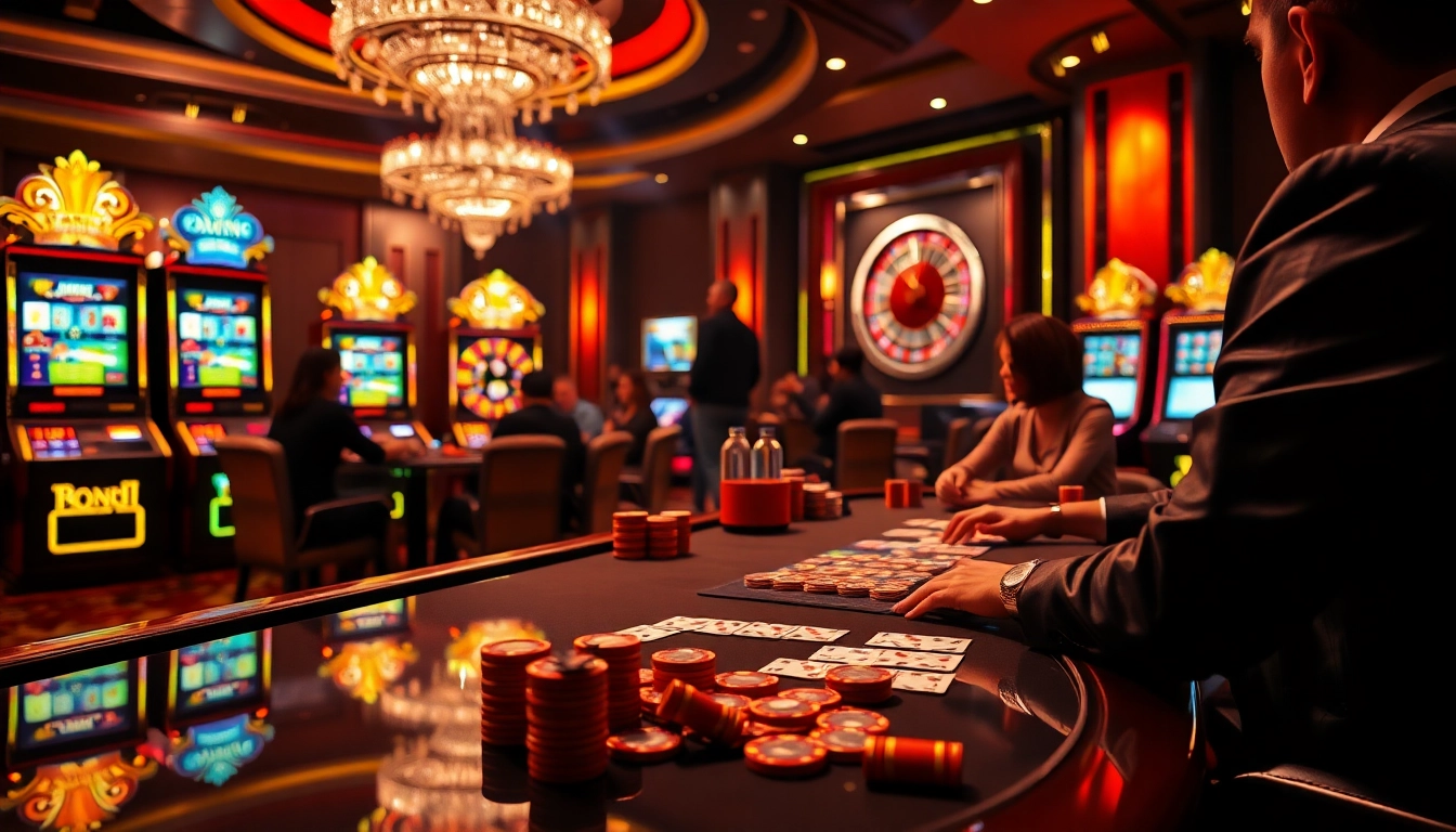Experience the thrill of BK8thai ทางเข้า at a luxurious casino with vibrant tables and spinning roulette.