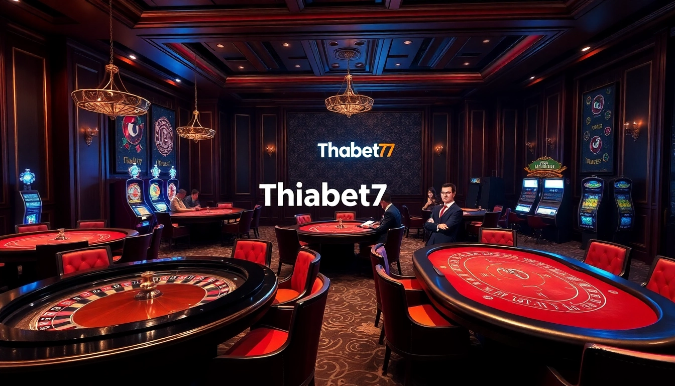 Experience the excitement of gambling at Thabet77 with roulette wheels and poker tables in a luxurious casino setting.