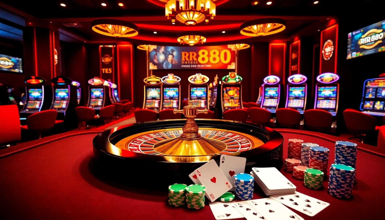 Engage in a thrilling RR88 casino atmosphere with vibrant slots and poker chips.