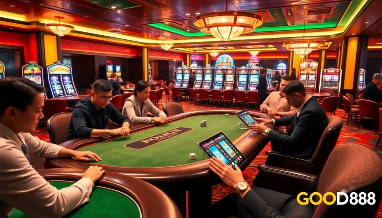 Players enjoying high-stakes poker at GOOD88 casino, surrounded by vibrant slot machines and online gaming.