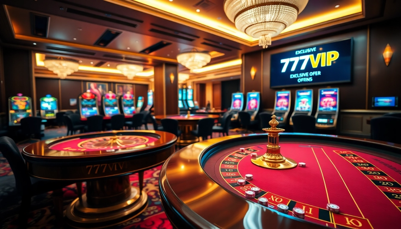 Play exciting games at 777VIP casino featuring sleek tables and vibrant slot machines.