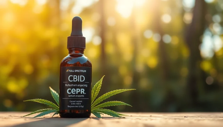 Showcasing Full spectrum CBD oil bottle with hemp leaves in a tranquil setting.