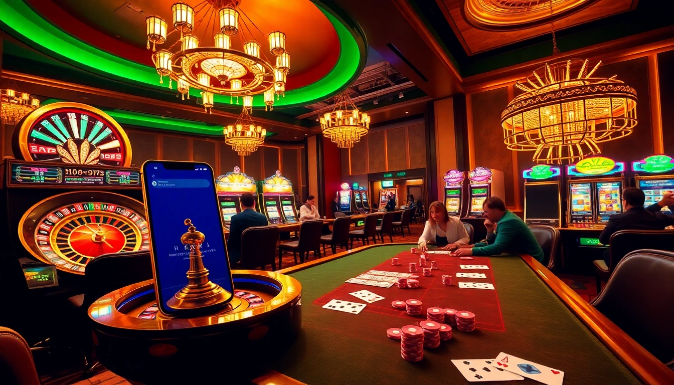 Gamblers enjoying the thrill of the 888vnd app in a vibrant casino setting with roulette and slots.