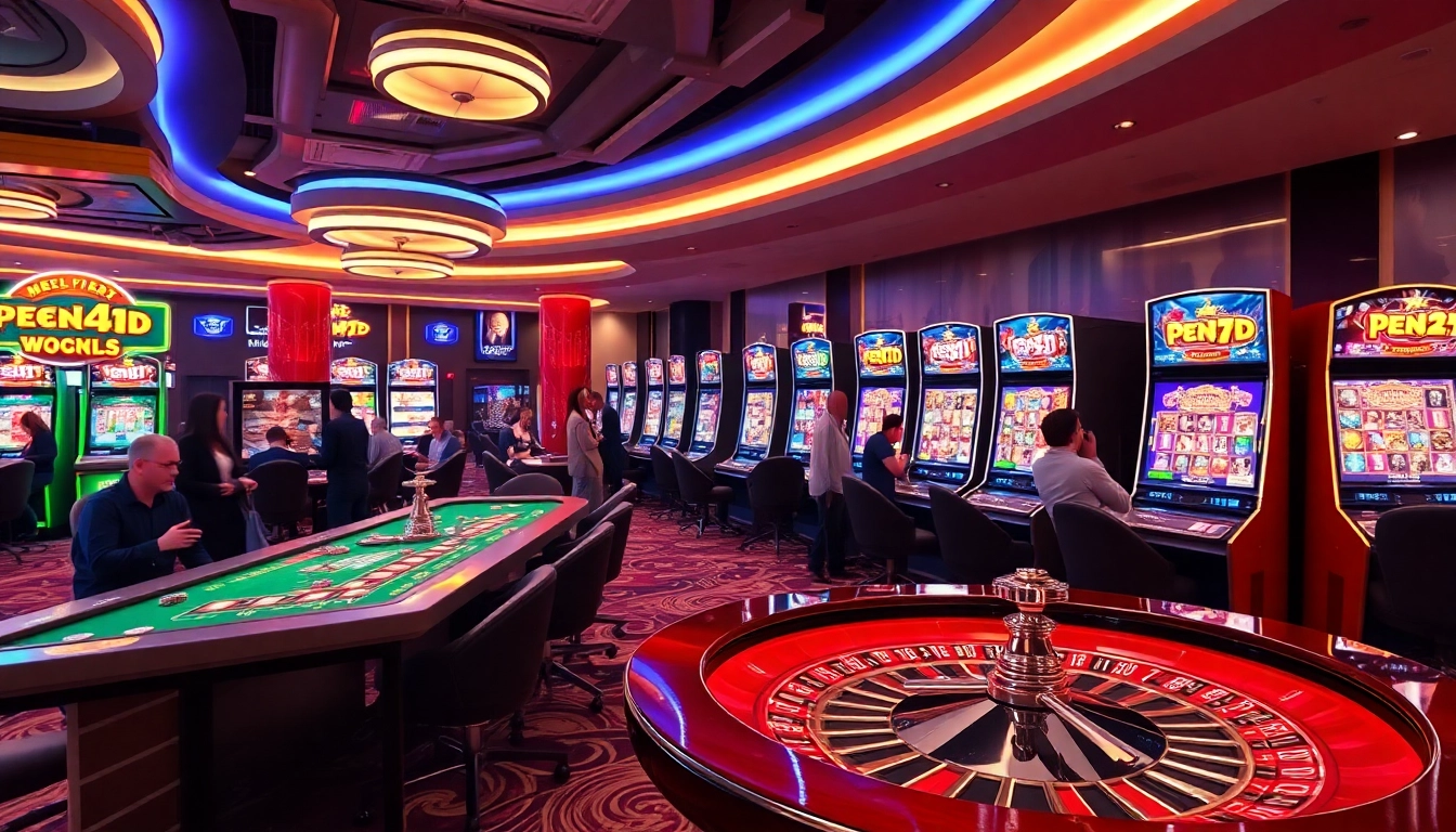 PEN4D players enjoying an exciting slot machine experience in a vibrant casino atmosphere.