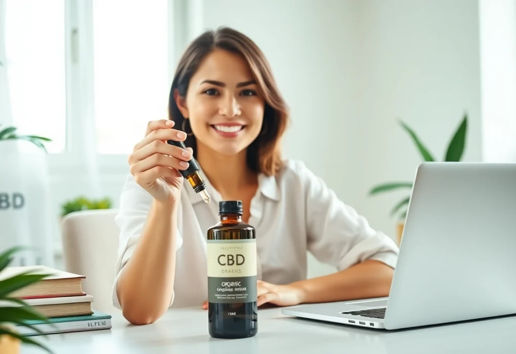 Buy CBD oil online with a professional woman showcasing a wellness lifestyle at her desk.