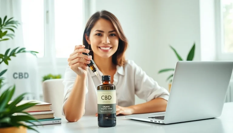 Buy CBD oil online with a professional woman showcasing a wellness lifestyle at her desk.