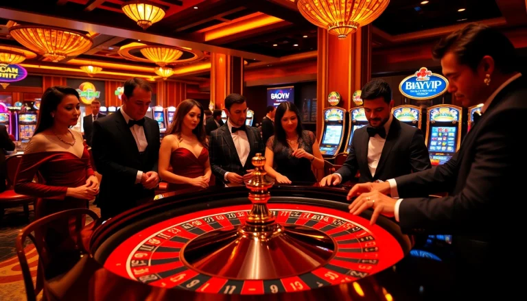 Experience the excitement of Bayvip with players engaging around a luxurious roulette table.