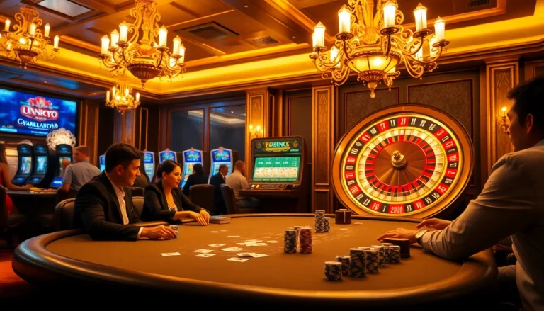 Engaging gamblers at MB66 with a lively poker game amidst an elegant casino atmosphere.