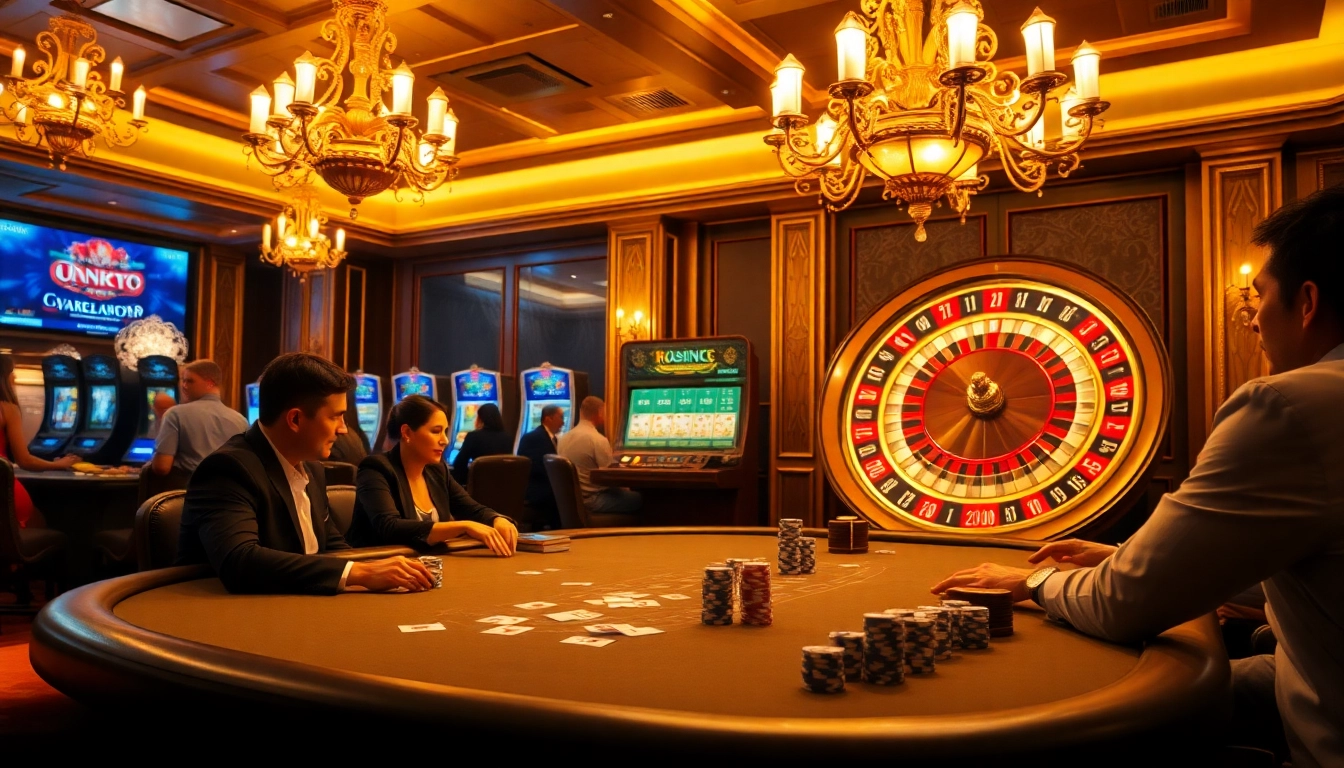 Engaging gamblers at MB66 with a lively poker game amidst an elegant casino atmosphere.