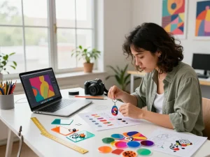 Creating custom keychain designs at a vibrant workspace, showcasing colorful materials and tools.