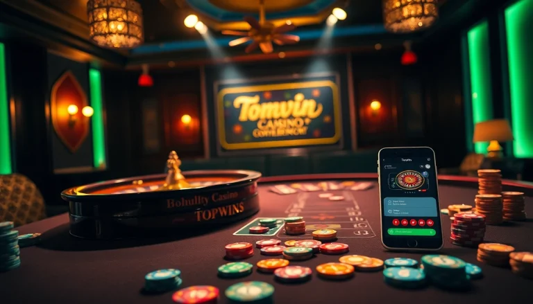 Players enjoying a dynamic game at Topvin's vibrant casino table filled with chips and cards.