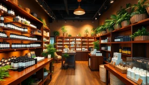 Cannabis shop interior filled with high-quality products, warmly lit for a welcoming atmosphere.