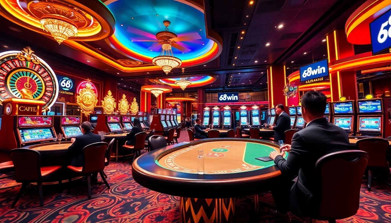 A captivating casino scene at 68win showcasing players at roulette tables and slot machines, exuding excitement and luxury.