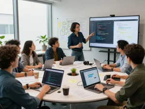 Team brainstorming on openclaw software project in a collaborative tech office.