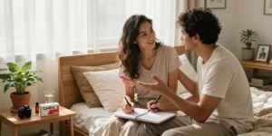 Cialis box on bedside table during a candid conversation about sexual health in a cozy bedroom environment.