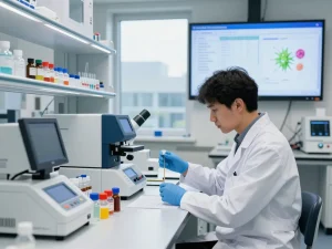 Inside a laboratory of an EU cannabinoid manufacturer, a scientist analyzes extracts with advanced equipment, emphasizing quality and compliance.